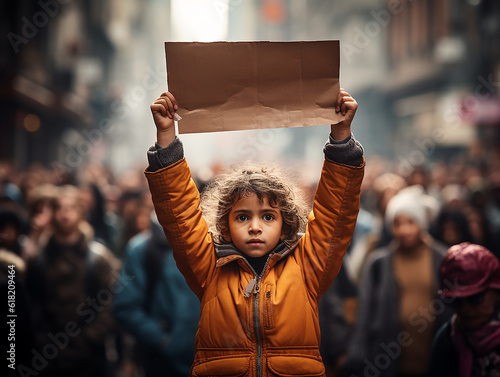 bambina profuga che regge un cartone bianco e vuoto ,in mezzo alla folla sfocata, ideale per inserimento testo, bambina rom, bambina ukraina,  photo