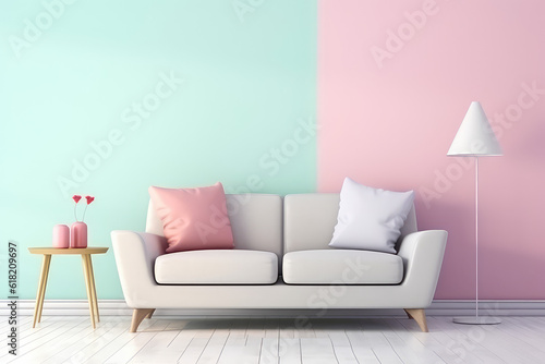 Minimalist interior in a painted wall, soft sofa. Light blue, mint, pink pastel colors. Cute cozy interior composition. Generative AI photo.