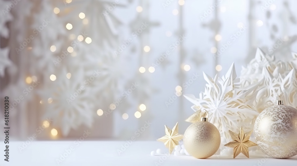 Fototapeta premium Christmas background with decorative holiday design elements. Festive background with christmas ornament decoration, Copy space. Banner and poster. generative ai