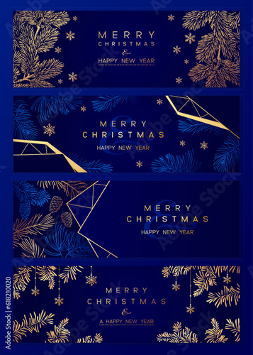 Christmas Posters set with pine branches on dark blue background. New year illustration. Winter horizontal banner
