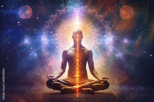 The concept of meditation and spiritual practice  the expansion of consciousness  the activation of the chakras and the astral body  mystical inspiration. ai generative
