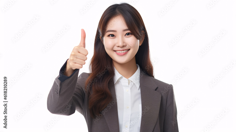 Asian charming businesswoman showing thumb-up sign, isolated on white. Business concept. Asian charming businesswoman showing thumb-up sign, isolated on white. Business concept.