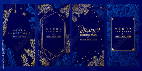 Christmas Poster set. Vector illustration of Christmas Background with branches of christmas tree and golden elements.