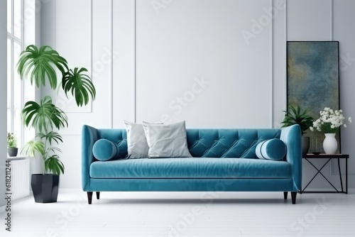  blue sofa and white wall in modern living room AI Generated