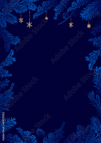 Vector vertical frame of Christmas Background with branches of christmas tree and golden elements.