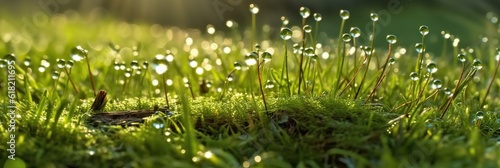 Grass and moss with dewdrops in the morning sun in the backyard, concept of Nature's awakening, created with Generative AI technology