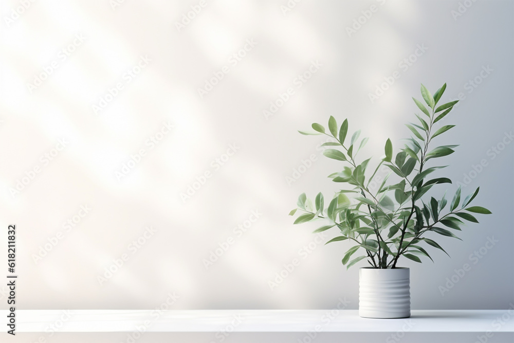 Minimalistic light background with blurred foliage shadow on a white wall. Beautiful background for presentation with with smooth floor 