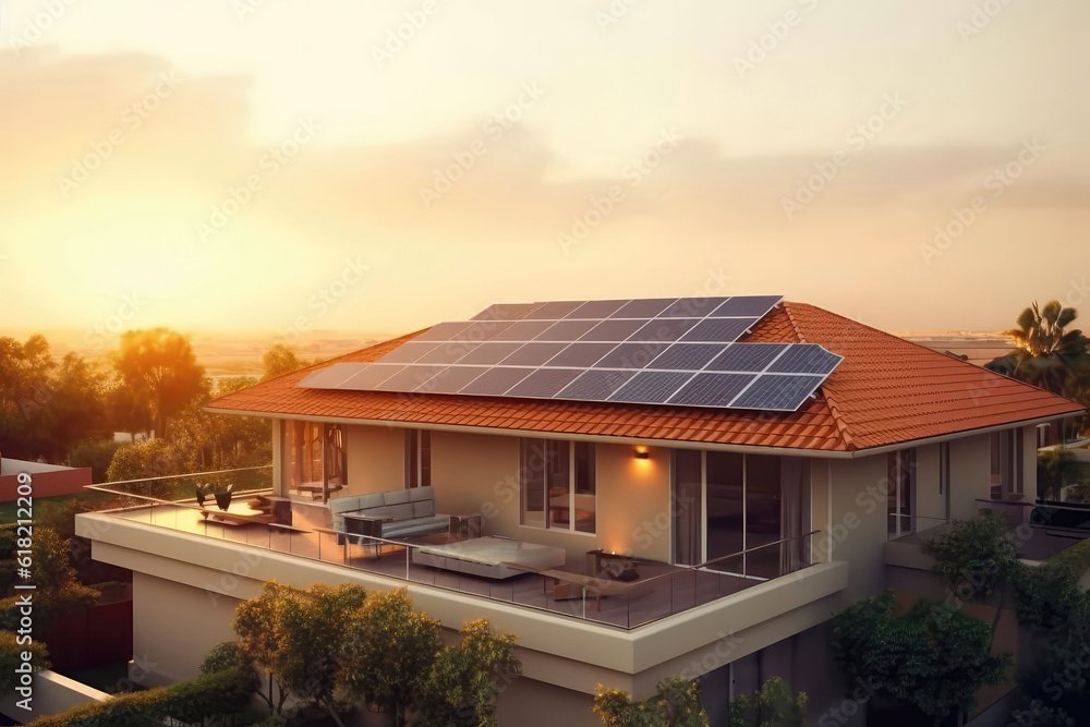 Multiple Solar Panels Installed On Residential Rooftop. Generative AI Multiple Solar Panels Installed On Residential Rooftop. Generative AI