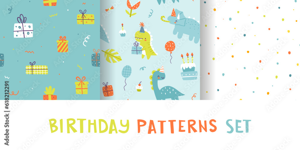 Birthday patterns set with cute dino and festive decoration. Dinosaur party seamless vector print collection.