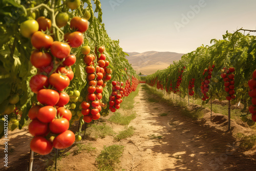 Quaint Tomato Farm With Rows Of Ripe, Juicy Tomatoes. Generative AI