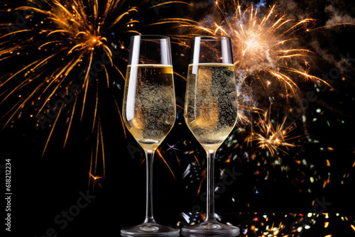 Two Champagne Glasses On Black Background Of Fireworks With Empty Space. Wedding Celebration. Generative AI