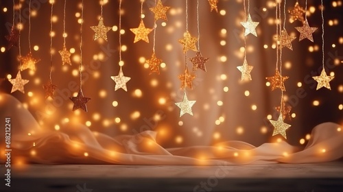 Christmas background decoration garland night light gold bokeh. holiday christmas ornament decoration  Copy space. Banner and poster.