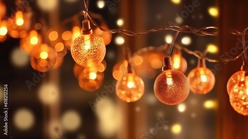 Christmas background decoration garland night light gold bokeh. holiday christmas ornament decoration, Copy space. Banner and poster