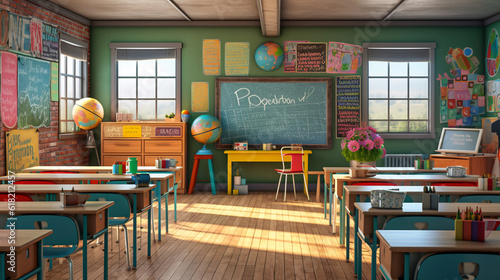 Back to school  Vibrant classroom scene filled with colorful chairs and desks  colorful stationery  and a chalkboard displaying inspiring quotes