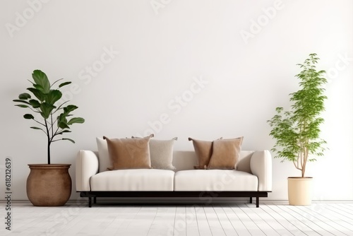  Brown sofa and white wall in modern living room AI Generated