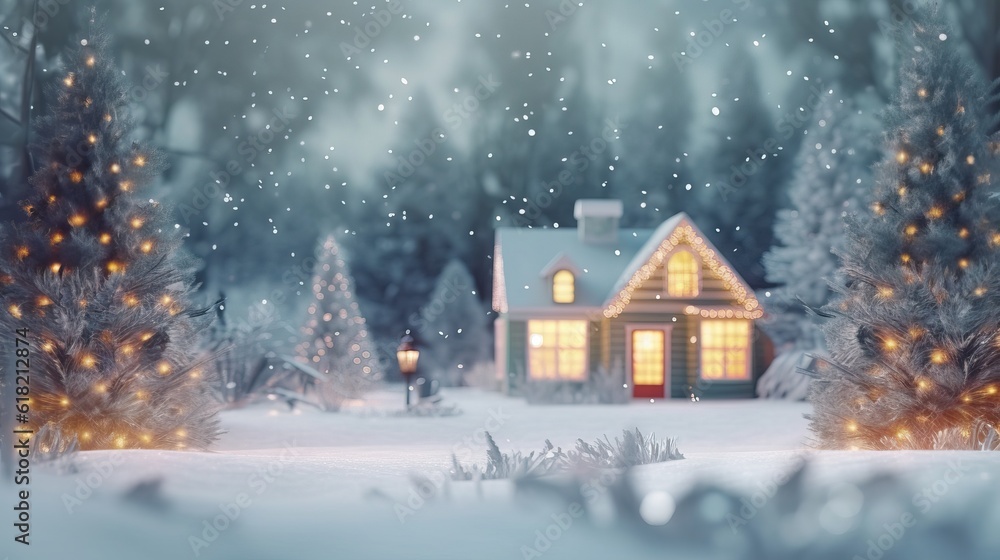 Christmas house in winter snowy forest. holiday christmas ornament decoration, Copy space. banner and poster. Christmas house in winter snowy forest. holiday christmas ornament decoration, Copy space. banner and poster.