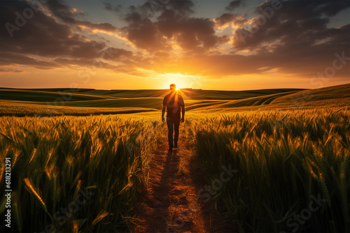A man farmer goes on a rural road along a green wheat field at sunset