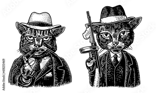 Cats mafia. Don with cigar, soldier gun. Engraving photo