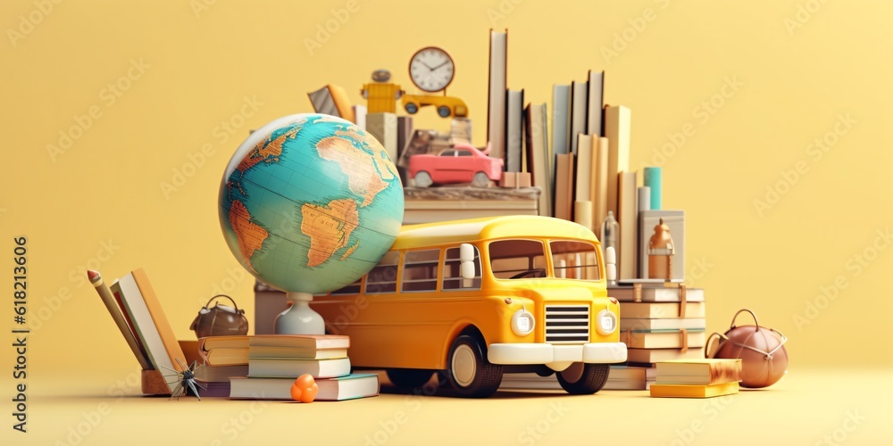 School bus arriving with school accessories and books on yellow background 3D, 3D Illustration School bus arriving with school accessories and books on yellow background 3D, 3D Illustration