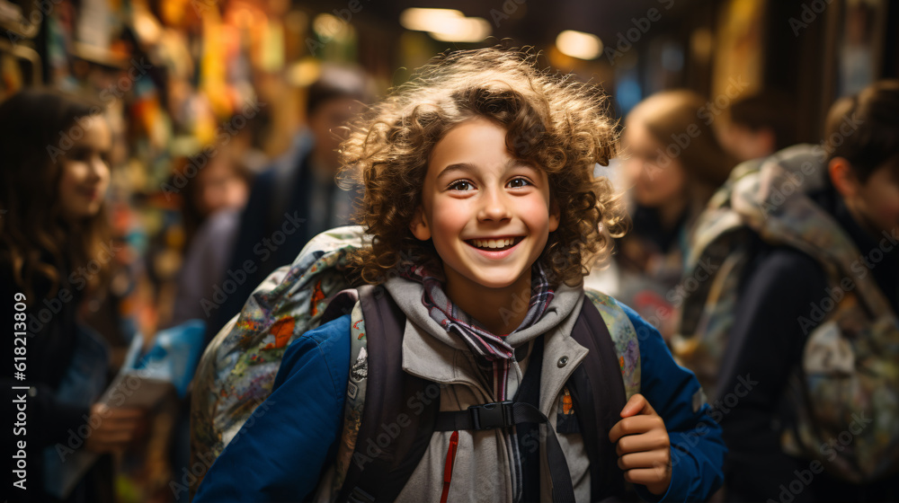 Back to school: Excitement fills the air as happy pupils students gather in a bustling hallway, backpacks slung over their shoulders Back to school: Excitement fills the air as happy pupils students gather in a bustling hallway, backpacks slung over their shoulders