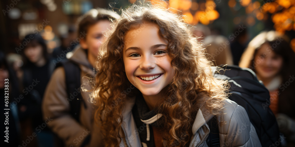 Back to school: Excitement fills the air as happy pupils students gather in a bustling hallway, backpacks slung over their shoulders