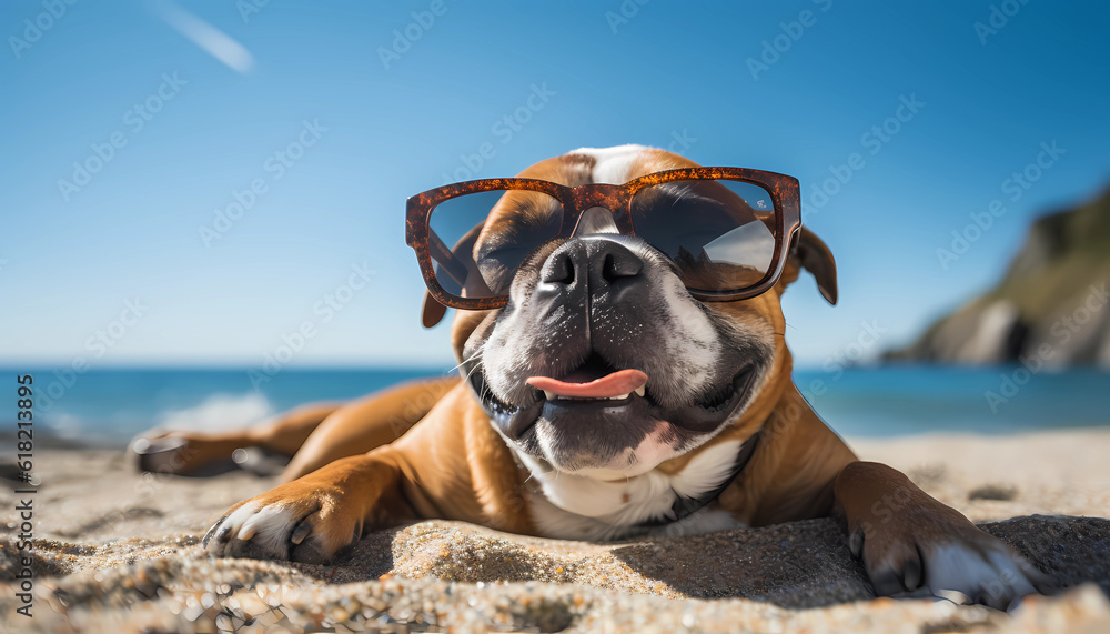 Cute dog on the sand enjoying the sun wearing sunglasses. Generative AI