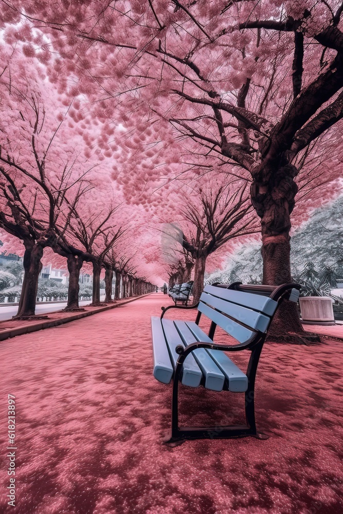 The benches in the park are covered with cherry blossom. Generative ai.