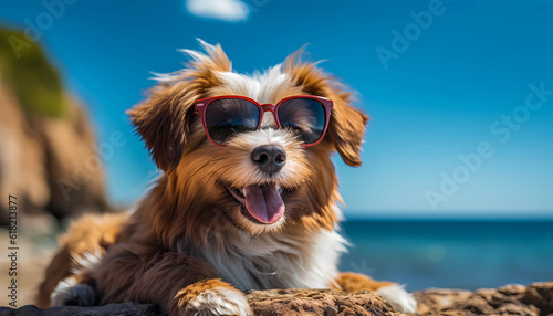 Dog enjoying the beach and sunbathing with sunglasses. Generative AI © Paulina