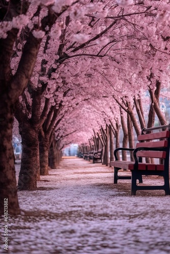 The benches in the park are covered with cherry blossom. Generative ai.