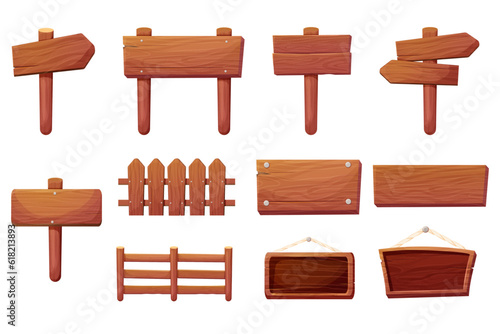 Fototapet Set of wooden tablets, hanging textured panels rope, signboards with pointer, fence with nails in cartoon style isolated on white background