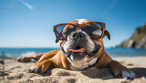 Cute dog on the sand enjoying the sun wearing sunglasses. Generative AI © Paulina