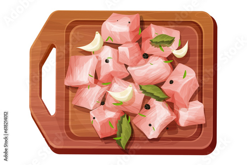 Chicken pieces, cubes raw meat, chopped slices with spices, garlic and leaves on wooden bord top view in cartoon style isolated on white background. Uncooked ingredient. 