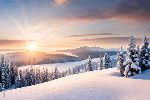 Fototapeta Naklejka Na Ścianę i Meble -  Snowy winter landscape with lake ,trees and mountains