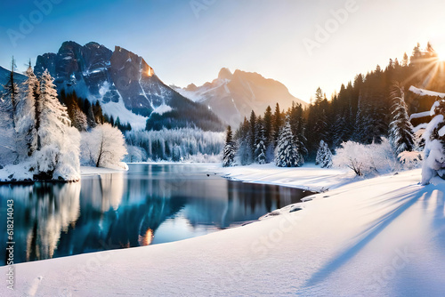 Snowy winter landscape with lake ,trees and mountains © AJay