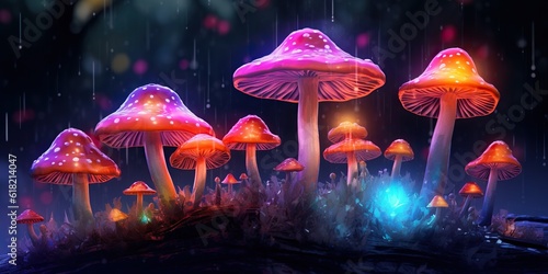Transparent glowing colorful mushrooms in night, concept of Bioluminescence, created with Generative AI technology © koldunova