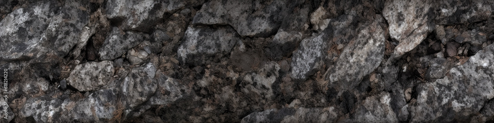 Fototapeta premium Panorama of polished dark grey granit or marble surface. Generative AI stone panoramic texture background, banner
