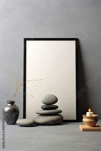 A picture of a picture of a vase and rocks. Generative AI. Blank poster mockup with space for your lettering, picture, design.
