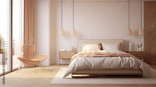 Bedroom interior. Beige tones design. 3d rendering