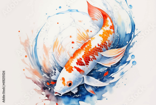 Watercolor Animal Illustration with Beautiful Japanese Koi Carp Fish on White Background. Aquarel Painted Style Wallpaper Design for Banner, Poster, Invitation or Cover.