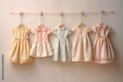 Children s vintage dresses hang in a row on hangers. Cute dresses for a girl in pastel light colors. Designer girls dresses concept. Generative AI photo.