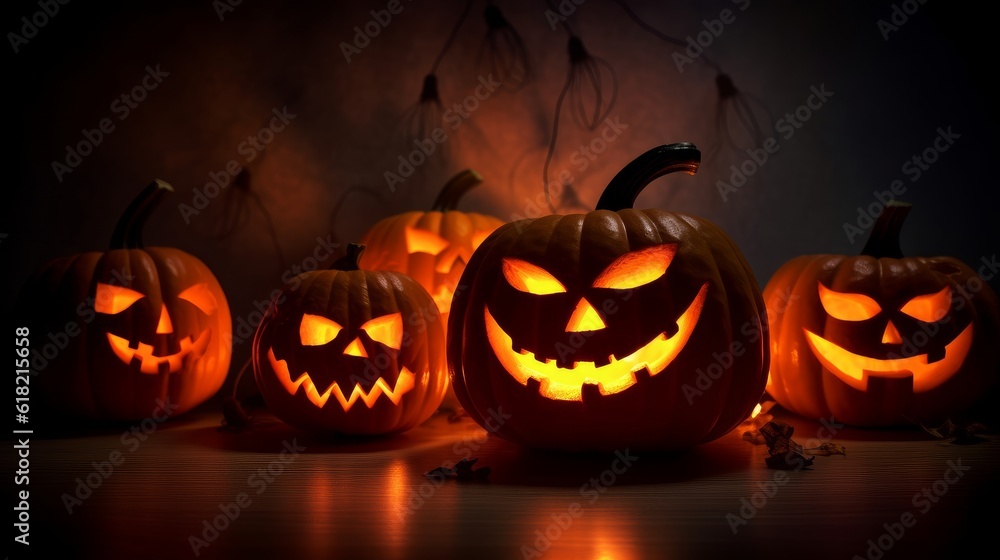 Halloween Set of pumpkin for holiday. Realistic 3d black pumpkins with cut scary good joy smile. Collection of 3d objects. Design elements isolated on dark background. generative ai Halloween Set of pumpkin for holiday. Realistic 3d black pumpkins with cut scary good joy smile. Collection of 3d objects. Design elements isolated on dark background. generative ai