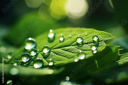 Beautiful water drops sparkle in sun on leaf in sunlight
