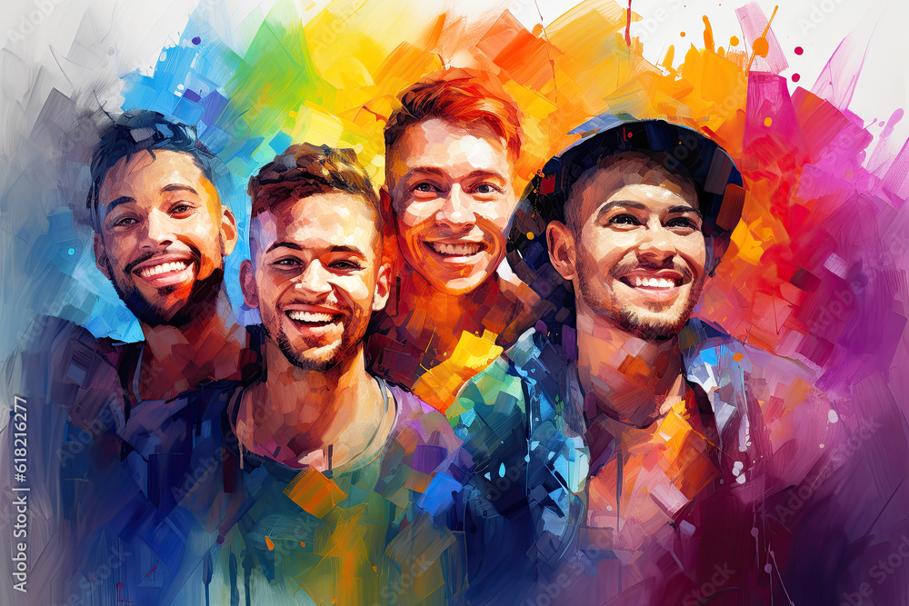Happy Smiling Four Men Group Acrylic Painting Against Colorful Background. Canvas Texture, Brush Strokes.