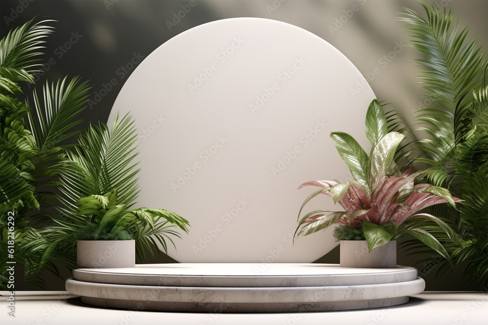 White podium with tropical plant and stone White podium with tropical plant and stone