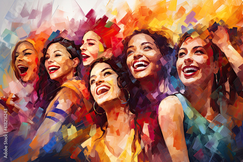 Happy Smiling Multinational Women Group Acrylic Painting. Canvas Texture, Brush Strokes. photo
