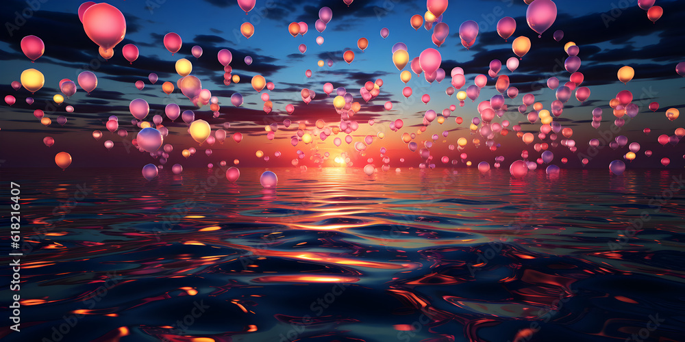 plein de ballons lumineux flottent dans les airs au dessus de la mer - obrazy, fototapety, plakaty 