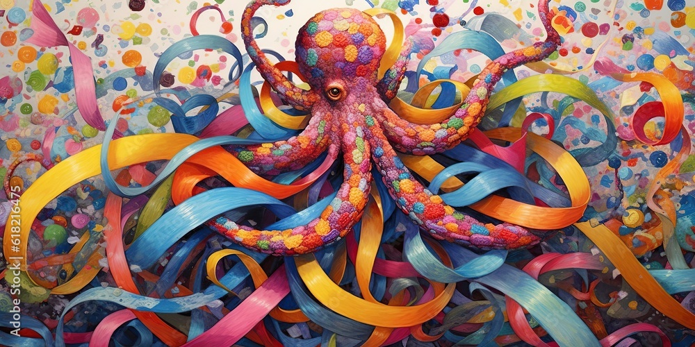 Fototapeta premium Whimsical octopus playfully tangled in colorful assortment of ribbons, concept of Organic unity, created with Generative AI technology