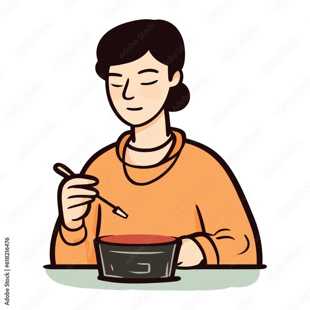 One cheerful woman sitting at table eating One cheerful woman sitting at table eating
