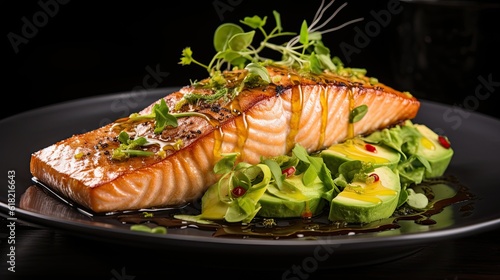 Close up of a salmon with avocado dish isolated