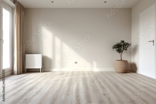 Interior design of spacious empty refurbished living room with whitewash walls laminated floor with white door. created generative ai